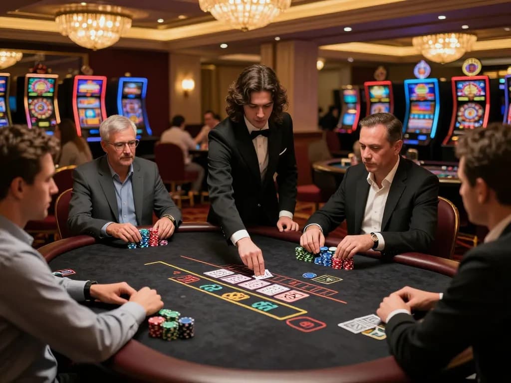 TR88 blackjack players placing bets at a luxurious casino table under warm lighting