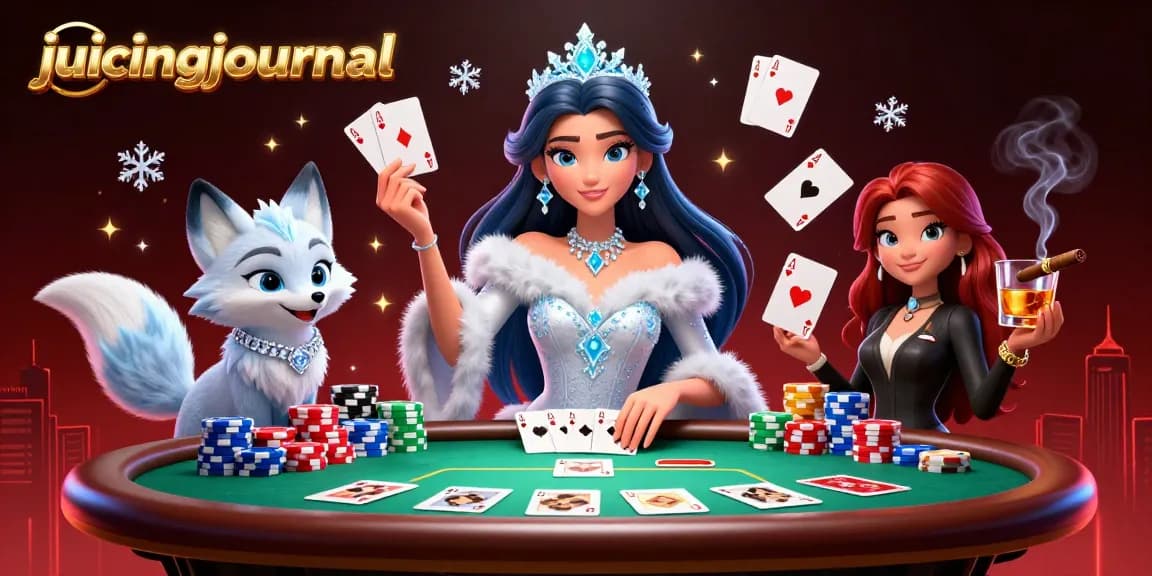 Win big with juicingjournal at this poker table surrounded by vibrant gaming elements!