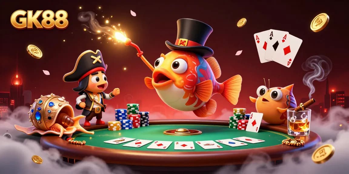GK88 anglerfish lures in coins with poker scene, showcasing vibrant casino elements.