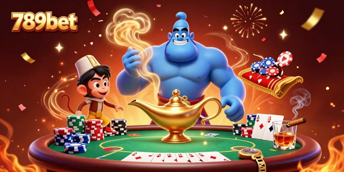 Engage in thrilling gameplay with 789bet's captivating poker scene featuring a vibrant genie and exciting game elements.