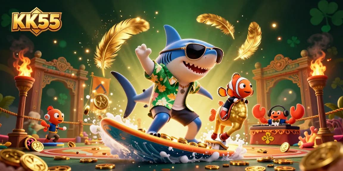Engage with the thrilling KK55 casino experience as a shark surfs gold coins amidst vibrant gaming elements.