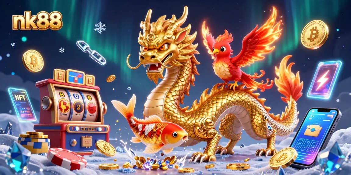 Engage in thrilling nk88 casino action with a dragon, phoenix, and koi fish amidst glowing crypto coins.