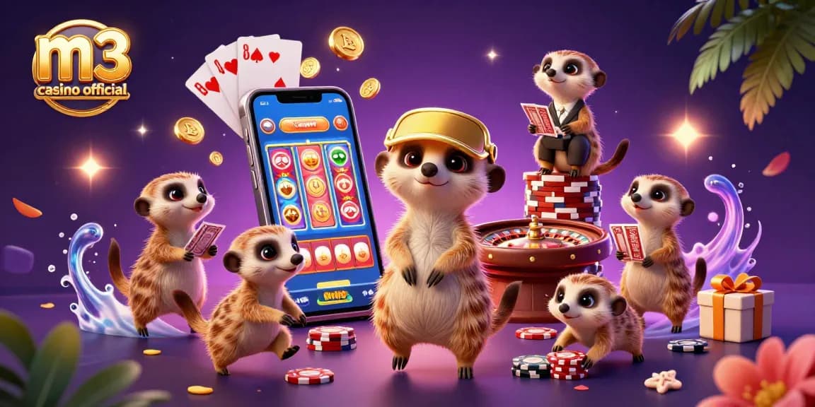 M3 casino official showcases a vibrant scene with animated meerkats running a casino, immersing players in a unique gambling experience.