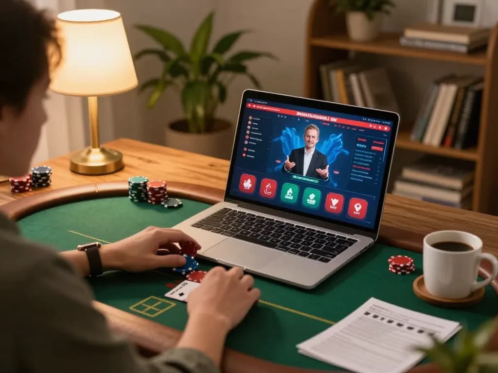 Engaging online poker gaming session at home with vegasslot77 for strategic gameplay.