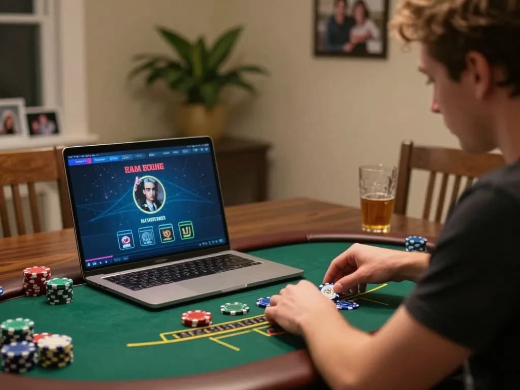 Player engaging in live dealer blackjack on MM88 from a cozy dining setup, showcasing strategic gaming.