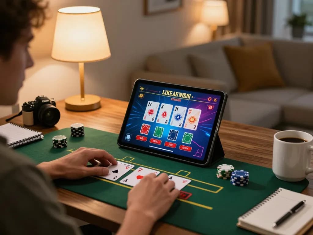 Player engaging with abc8 live dealer blackjack on tablet at home, showcasing strategic gameplay