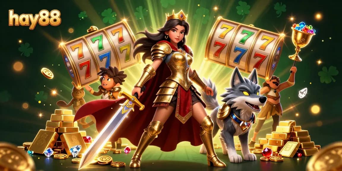 Spin to win at hay88 with vibrant slot reels and treasure in this stunning casino illustration.