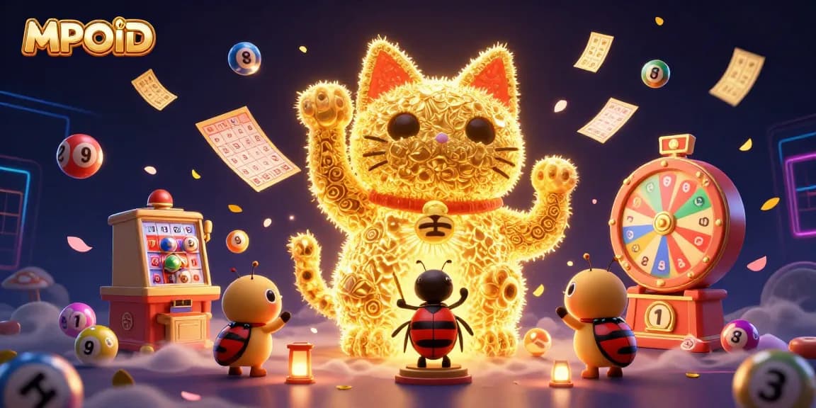 MPOID showcases a vibrant lottery scene with golden fireflies, colorful balls, and a lucky cat illustration.