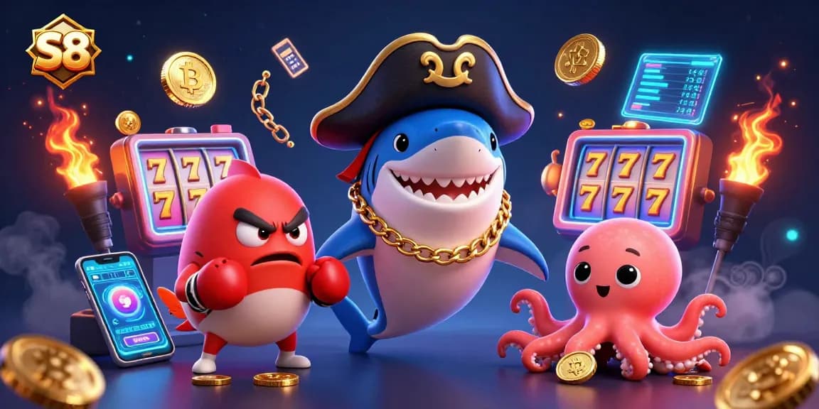 Engage with S8's exciting slot games in a vibrant casino-themed illustration.
