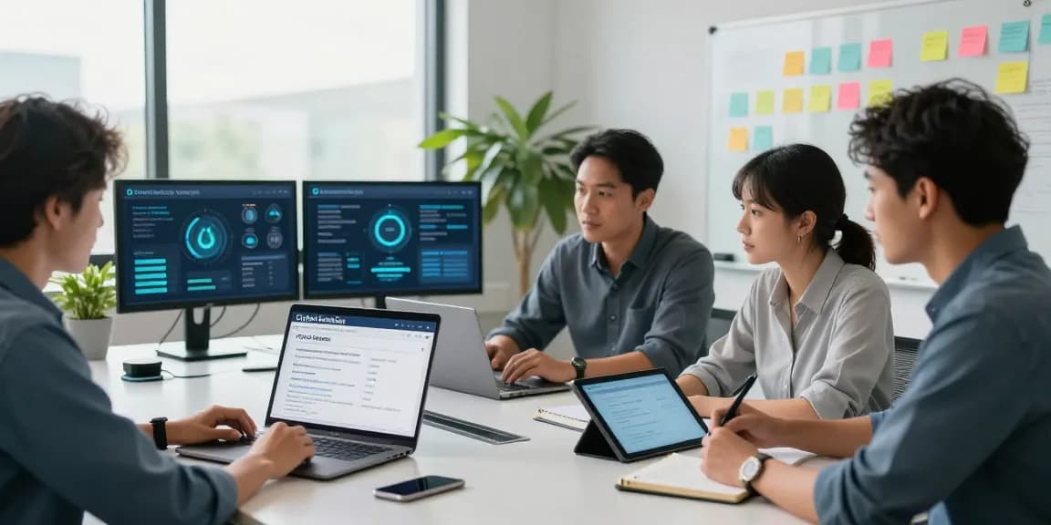 Cyber Essentials team collaborating in a modern office, focusing on cybersecurity compliance.