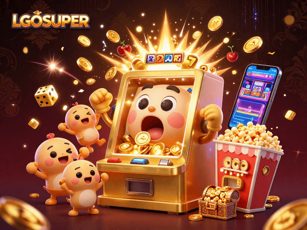 Experience the excitement of LGOSUPER with a lively scene of slot machines celebrating a jackpot victory.