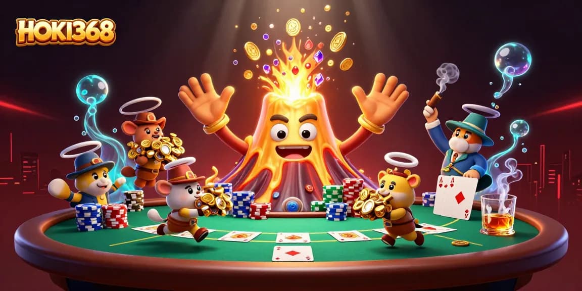 Engage with HOKI368 as a golden volcano erupts in a treasure-filled casino scene.