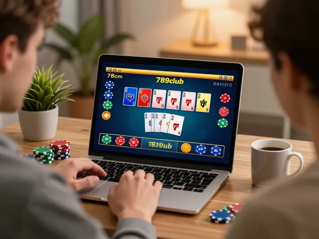 Engaging online poker gameplay on 789club with a player focused on their laptop in a cozy home environment.