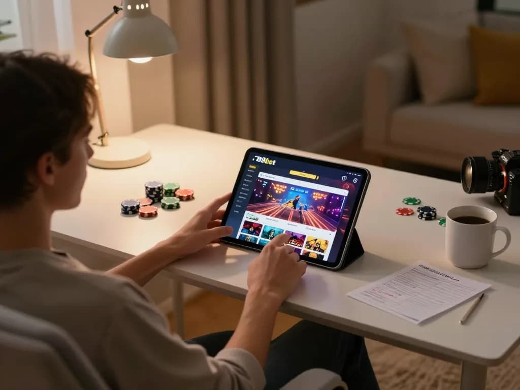 Engaging in online gaming at home with 789bet app visible on tablet screen.