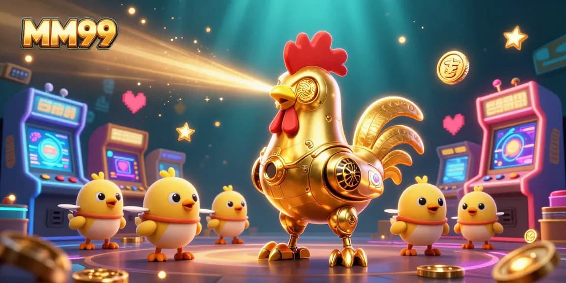 Engage in MM99's colorful 3D gaming universe featuring a golden rooster robot and arcade elements.