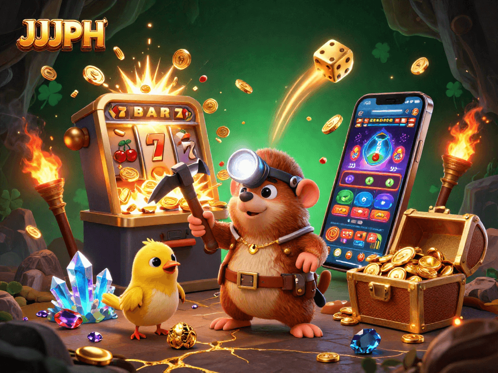 Experience thrilling wins at JJJPH with a treasure hunter mole in an enchanting casino scene.