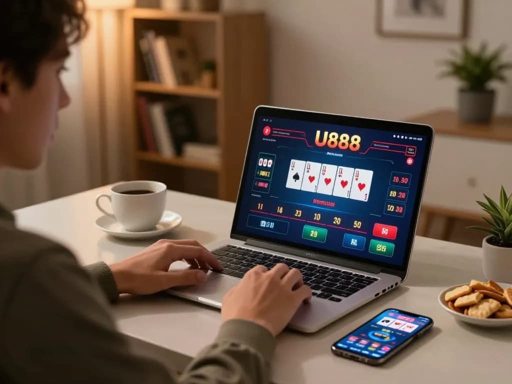Experience the excitement of U888 casino gaming in a cozy home environment with active online play.