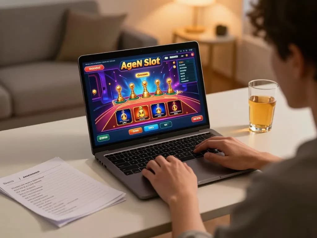 A person enjoying Agen Slot online gameplay on a laptop, surrounded by strategy notes and a drink.