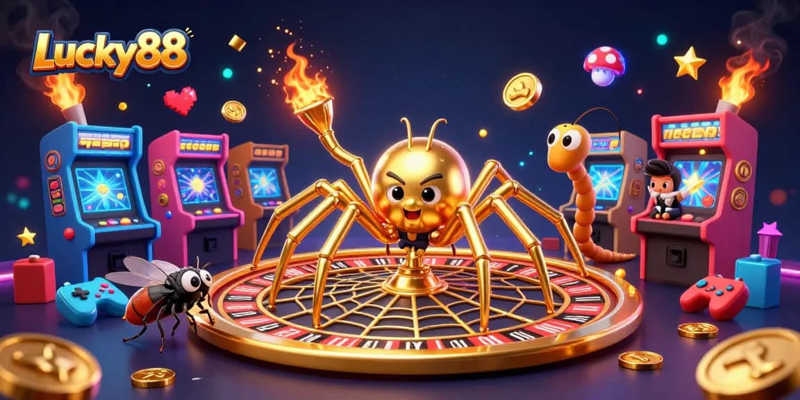 Lucky88 illustration with a golden spider and colorful casino elements for a vibrant gaming experience.