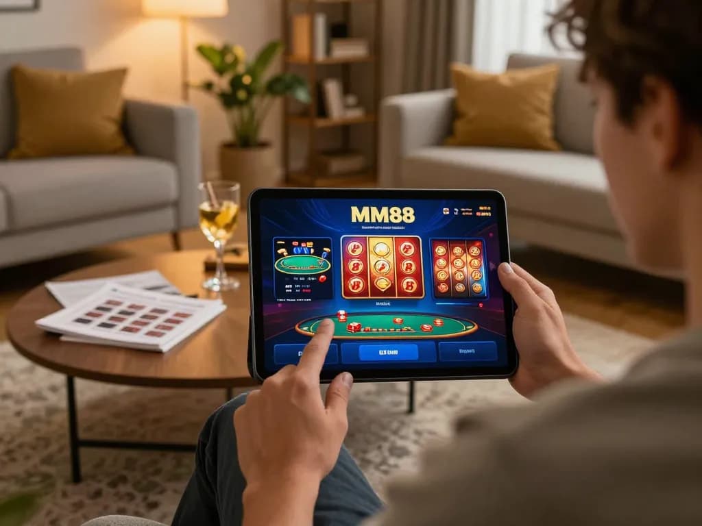 Player engaging with MM88's casino app on a tablet in a stylish home setting.