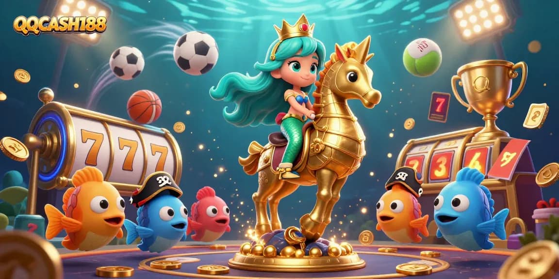 Experience excitement with QQCASH188 as the mermaid princess rides a giant seahorse amidst colorful, dynamic gambling elements.