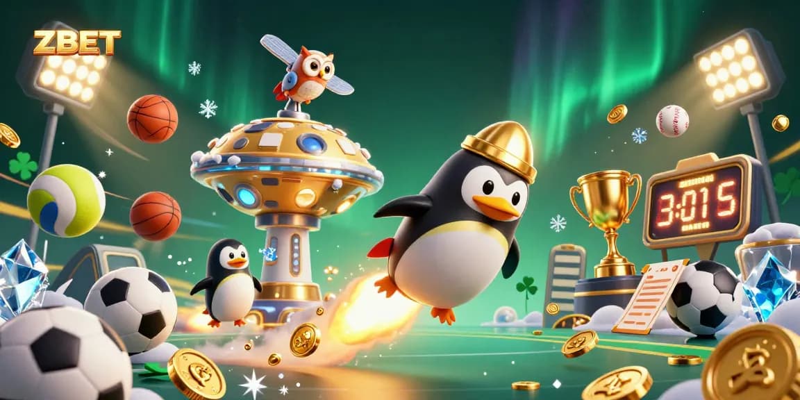 ZBET brings exhilarating sports betting action with a dynamic golden penguin and vibrant casino elements.
