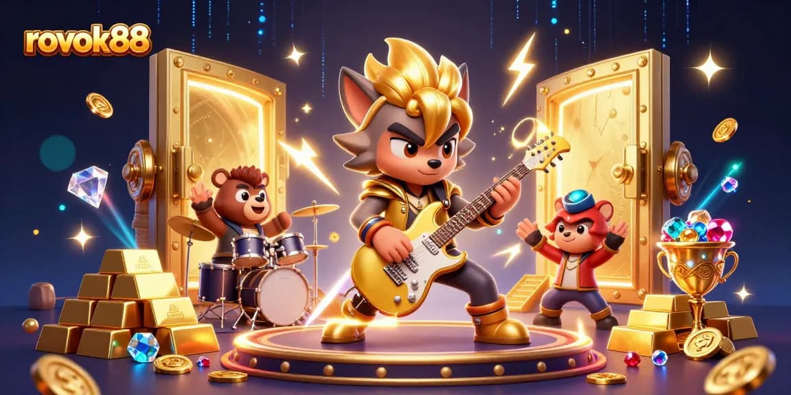 Experience the excitement of rokok88 with a vibrant, dynamic casino scene featuring a rock star wolf and treasures.