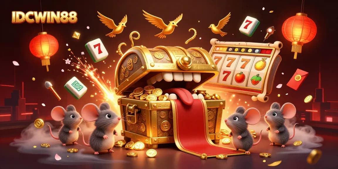 Spin the reels on IDCWIN88 slot games featuring a vibrant treasure chest and golden treasures.