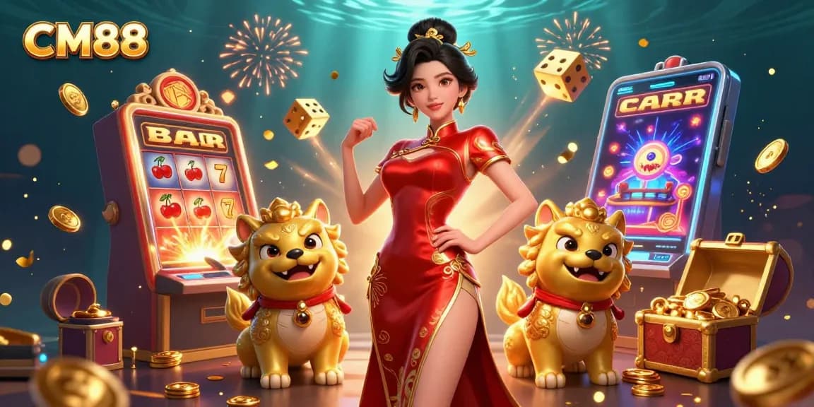 Experience excitement at CM88, where a glamorous character engages with dynamic casino elements.
