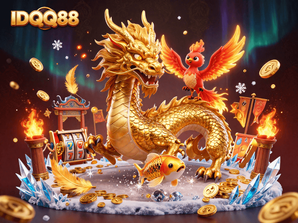 Engage in exhilarating gaming experiences with IDQQ88, featuring a majestic dragon and golden koi fish!