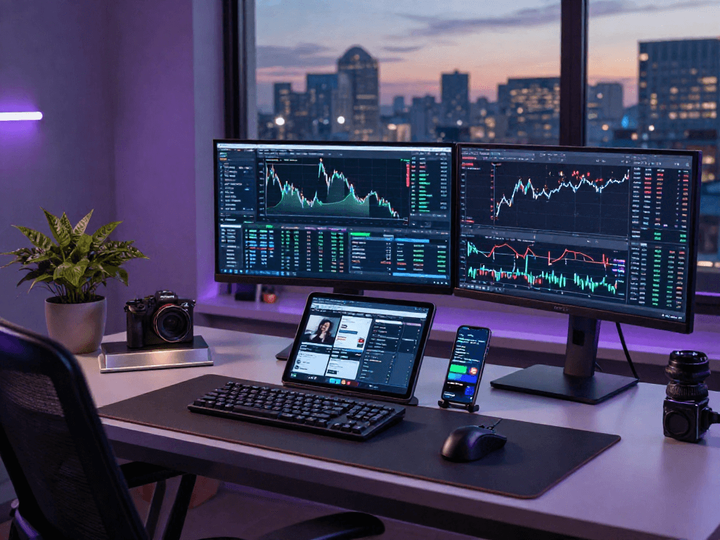 Entorno de trabajo de trading digital con Immediate Edge y análisis de mercado en múltiples pantallas.