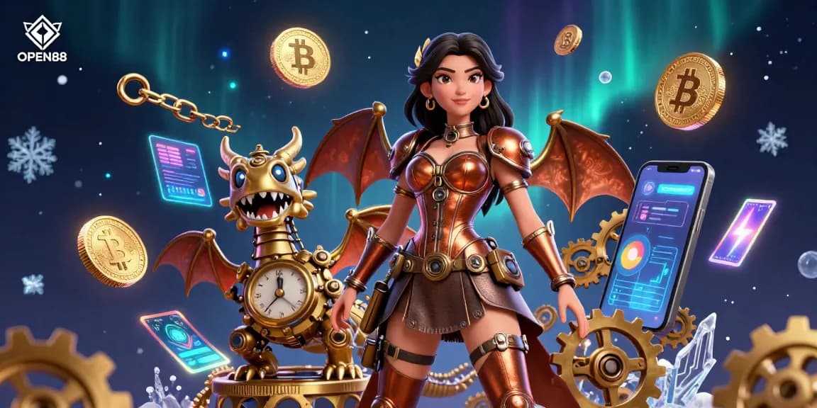 Experience immersive gaming with OPEN88's cinematic 3D illustration of casino adventures featuring vibrant characters and crypto elements.