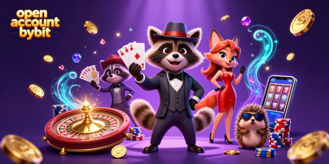 Join the fun and open account bybit with a suave raccoon and dazzling characters in a vibrant casino scene.