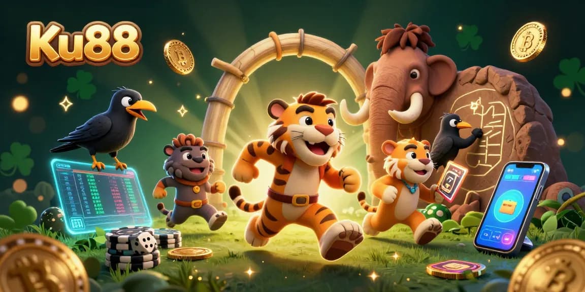 Ku88 unveils an exciting prehistoric casino scene with crypto elements and vibrant visuals.