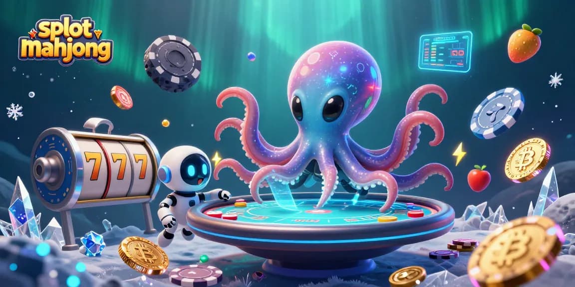Spin the slot mahjong reels with the whimsical octopus as it operates a holographic poker table surrounded by cosmic elements.