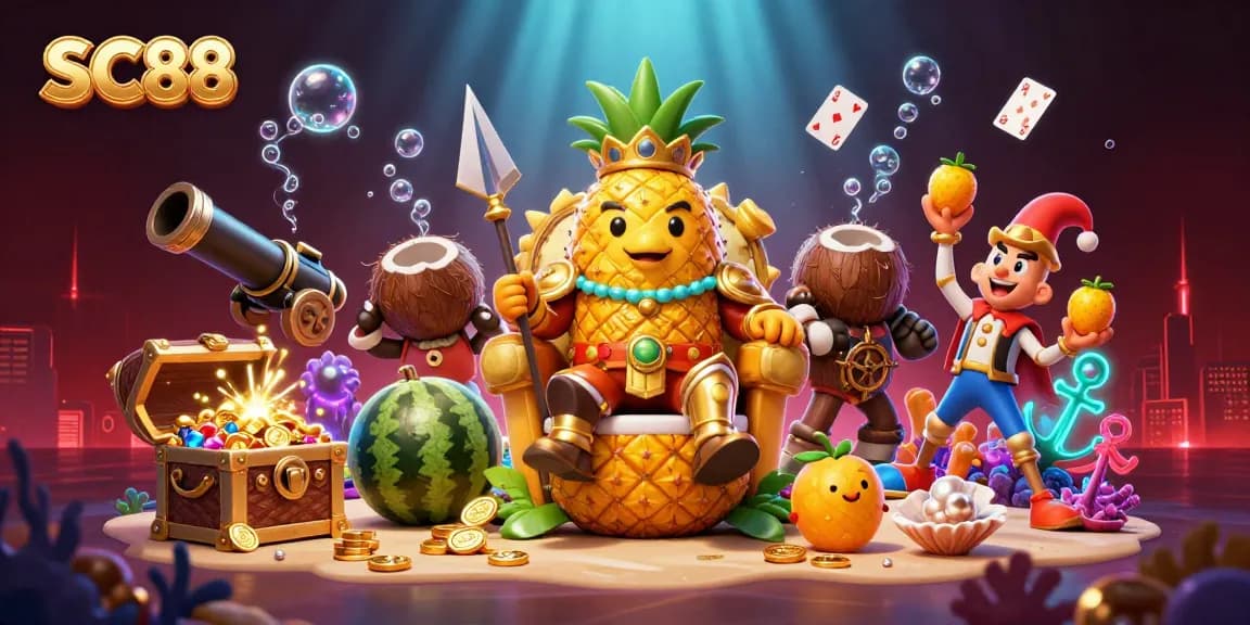 Experience vibrant casino excitement with SC88, featuring a golden pineapple king and dynamic game elements.