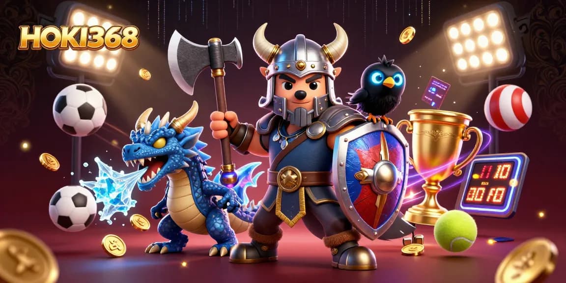 Experience thrilling action with HOKI368, showcasing an epic Viking wolf warrior, dragon, and vibrant gaming elements.