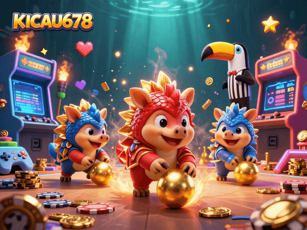 KICAU678 pangolins compete in a vibrant 3D casino-themed game illustration showcasing dynamic gameplay.