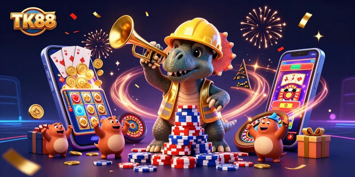 Join the excitement at TK88 casino as characters build poker chip pyramids amid colorful slot games.