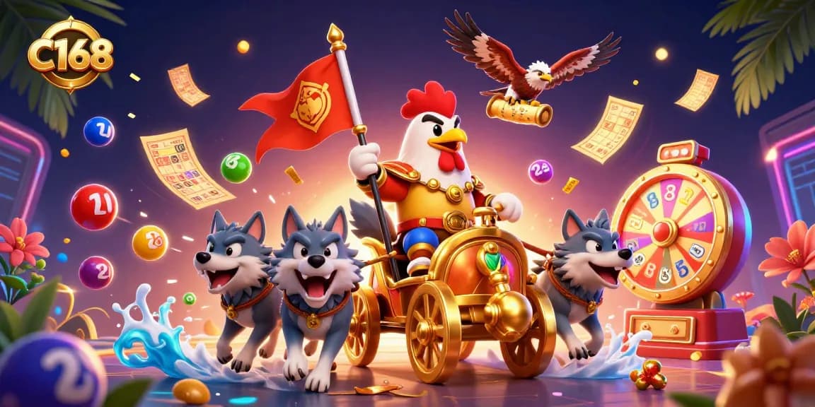 C168 offers an exhilarating adventure with a rooster warlord racing through vibrant casino elements in this dynamic scene.