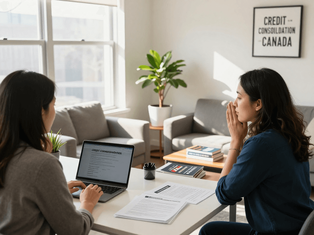 Client discussing Credit Consolidation Canada in a welcoming counseling office.