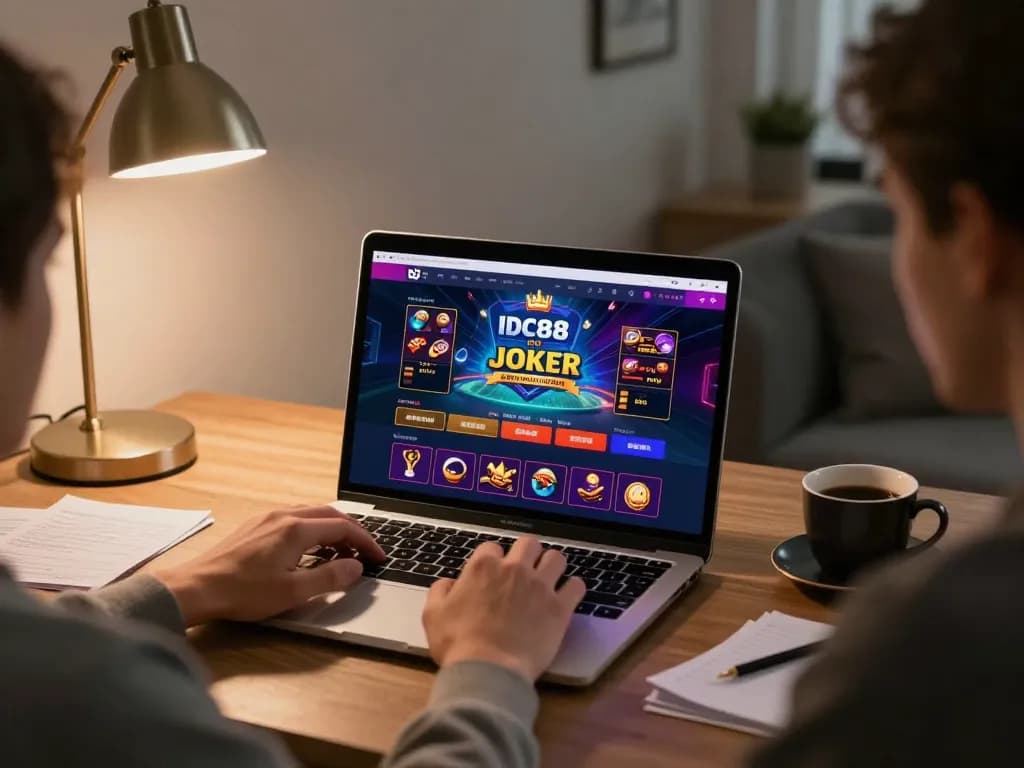 IDC88 JOKER player engaging with vibrant online casino games on laptop in cozy office setting
