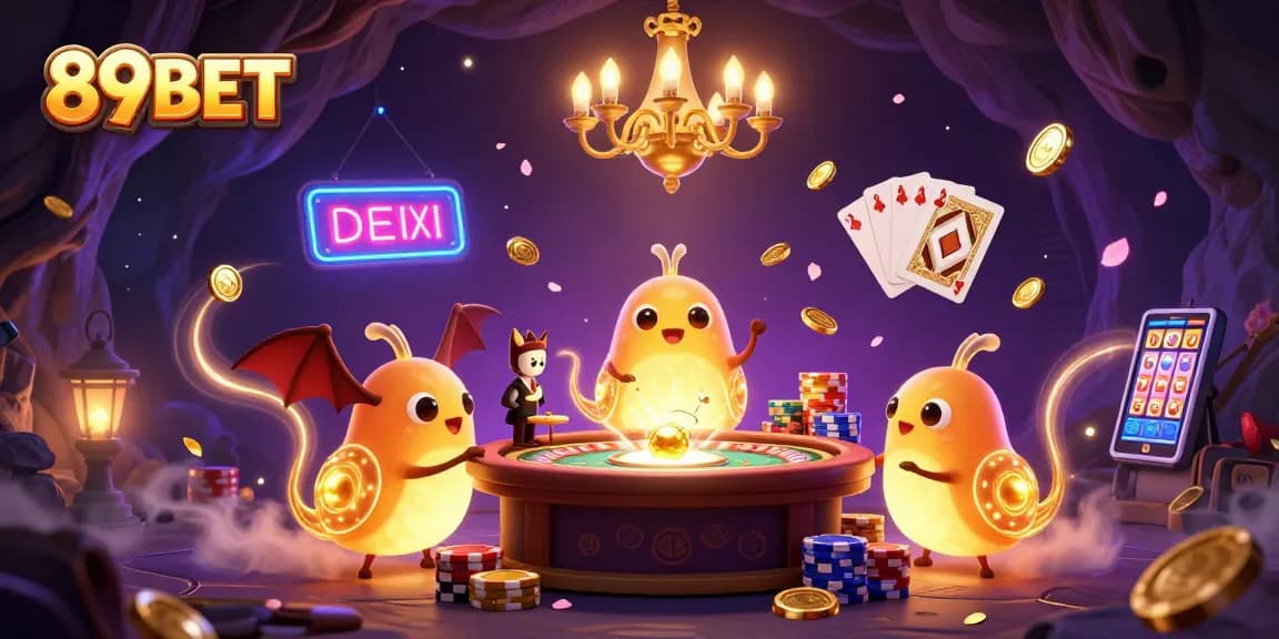 Experience the thrilling ambiance of 89BET with glowworms illuminating a dynamic casino scene.