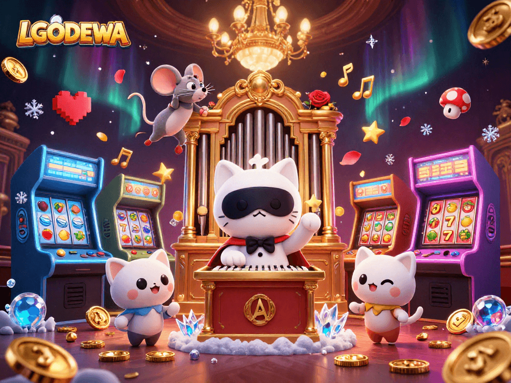 Spin the slots with LGODEWA as the fantastical characters engage in a lively casino scene.