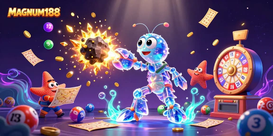 Experience the thrill of MAGNUM188's vibrant gambling scene filled with lottery balls, a prize wheel, and rewards.