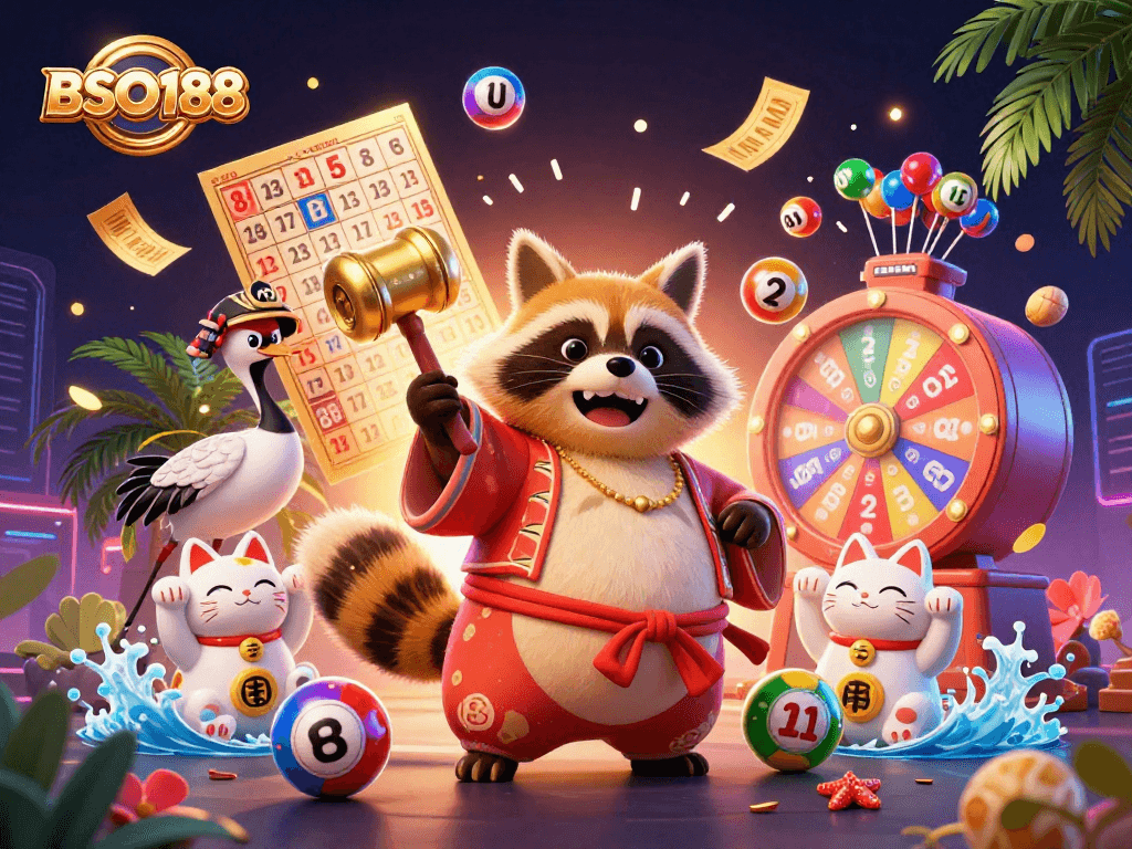 Engage with BSO188 as vibrant lottery elements pop dynamically around a joyful tanuki celebrating fortune.