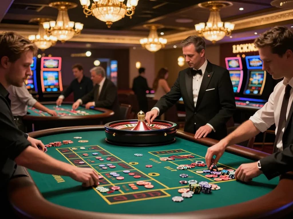 vegasslot77 players engaging in Roulette with excitement and colorful chips in a vibrant casino atmosphere