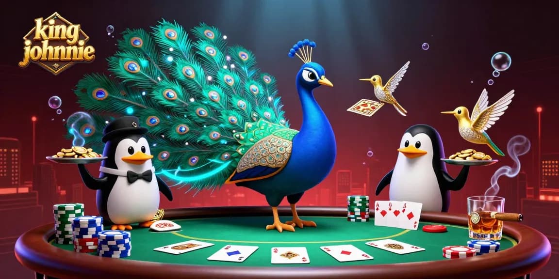 Experience the vibrant excitement of kingjohnnie with a colorful 3D casino scene filled with animated characters and poker elements.