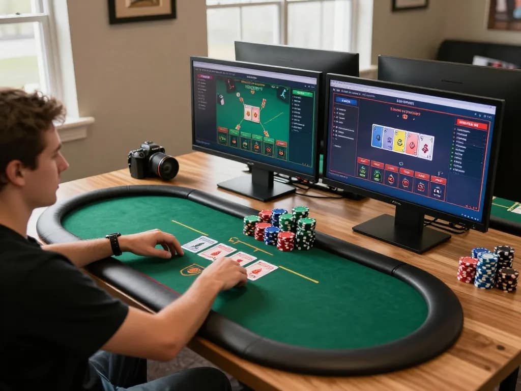 Engaging online gameplay at badak178 with a player analyzing poker hands on multiple screens.