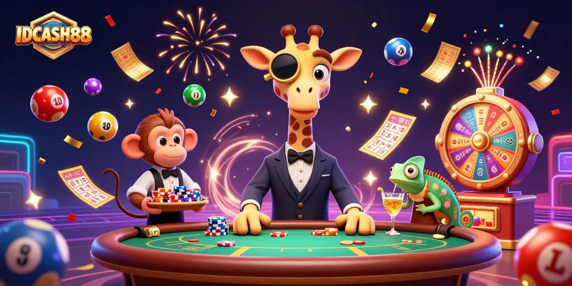 Experience the thrill of IDCASH88 with a high-roller giraffe and colorful game elements.